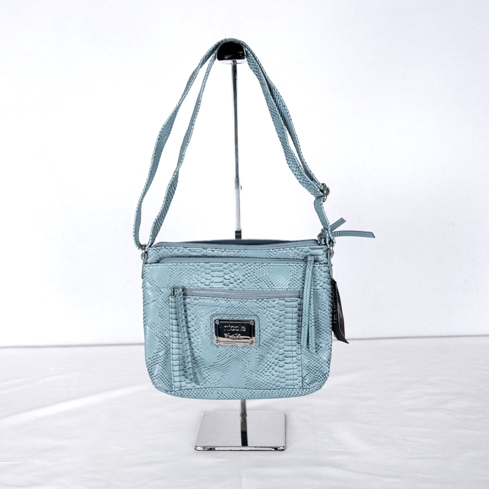 Nicole Miller Mia Large Crossbody Purse Blue Stone Faux Snake Skin Vegan Leather
